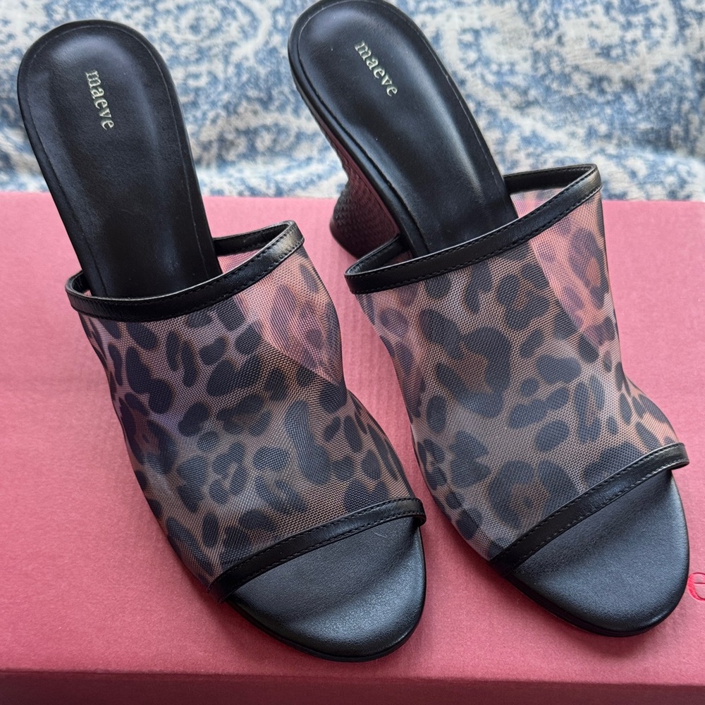 Maeve by Anthropologie Leopard Mesh Slide Mules W/Black Trim SZ 8